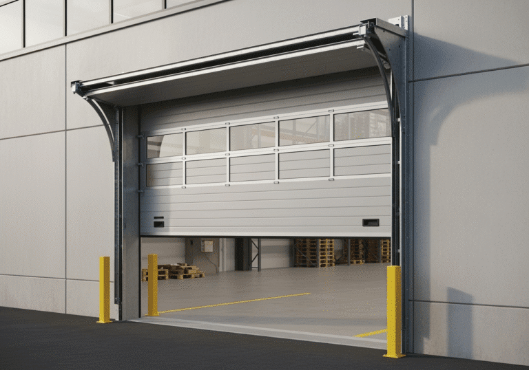 overhead sectional door partially open at industrial warehouse in New Jersey