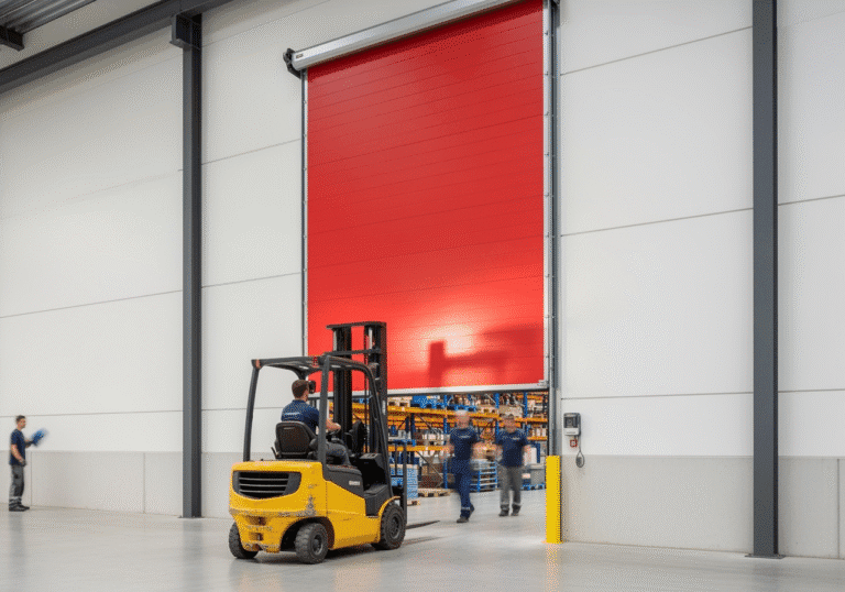 high-performance speed door opening quickly in NYC warehouse with forklift passing through